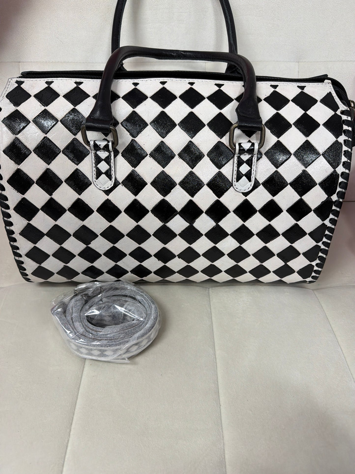 Checkered Leather Boston bag
