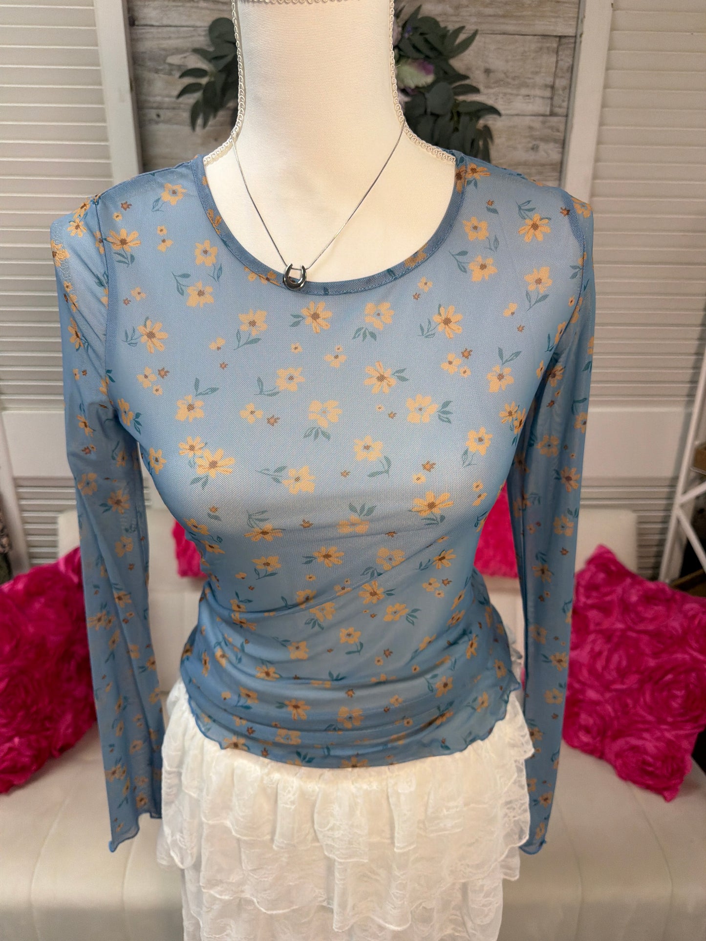 blue vintage floral print mesh