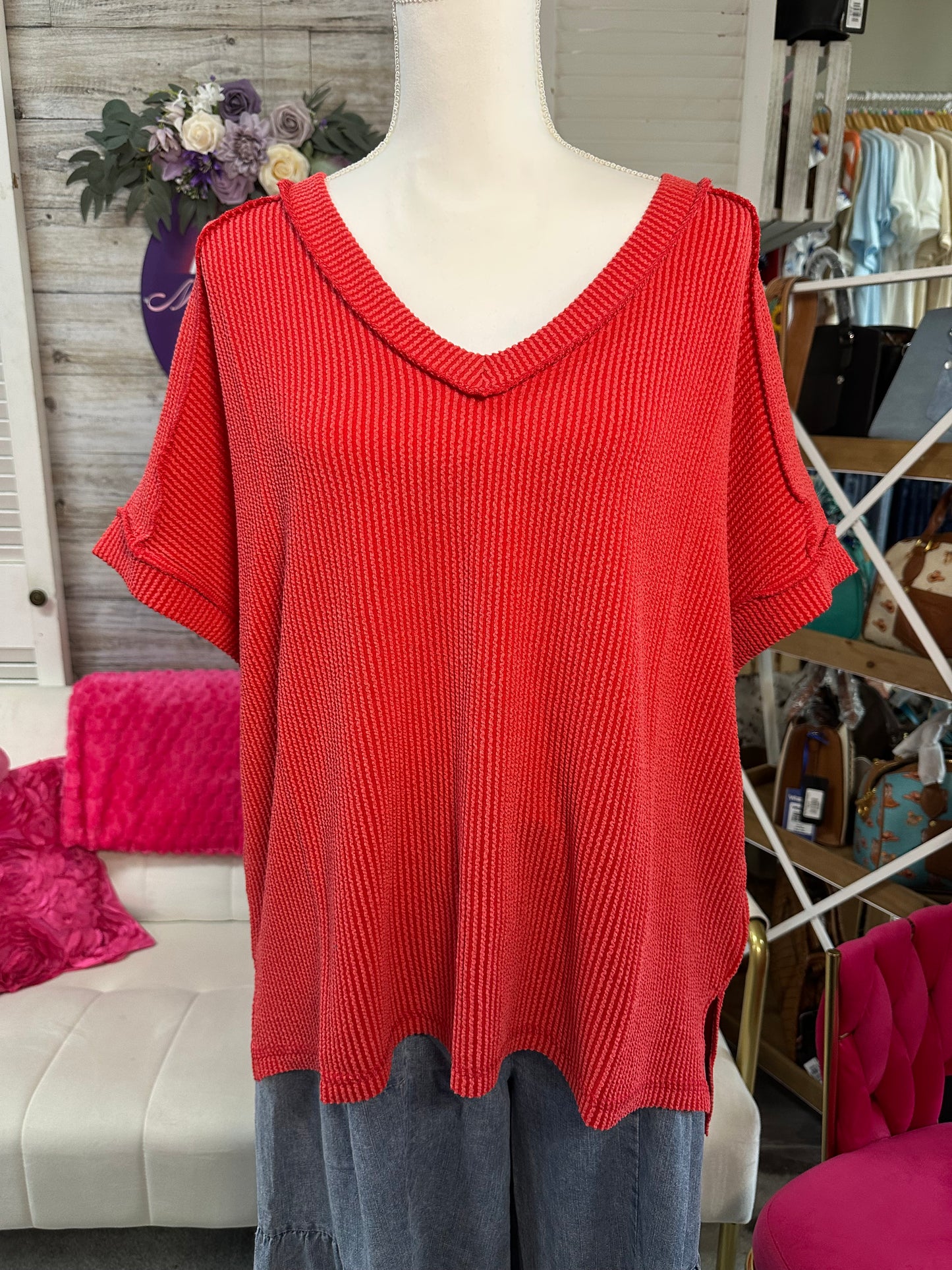 Raised Ribbed V Neck High Low