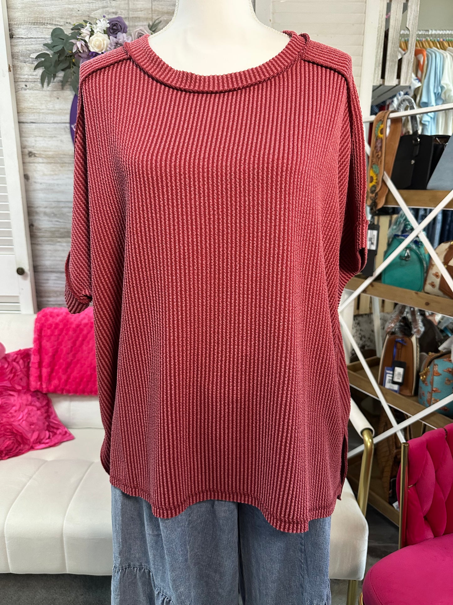 Raised rib cuff raw edge top Zenana