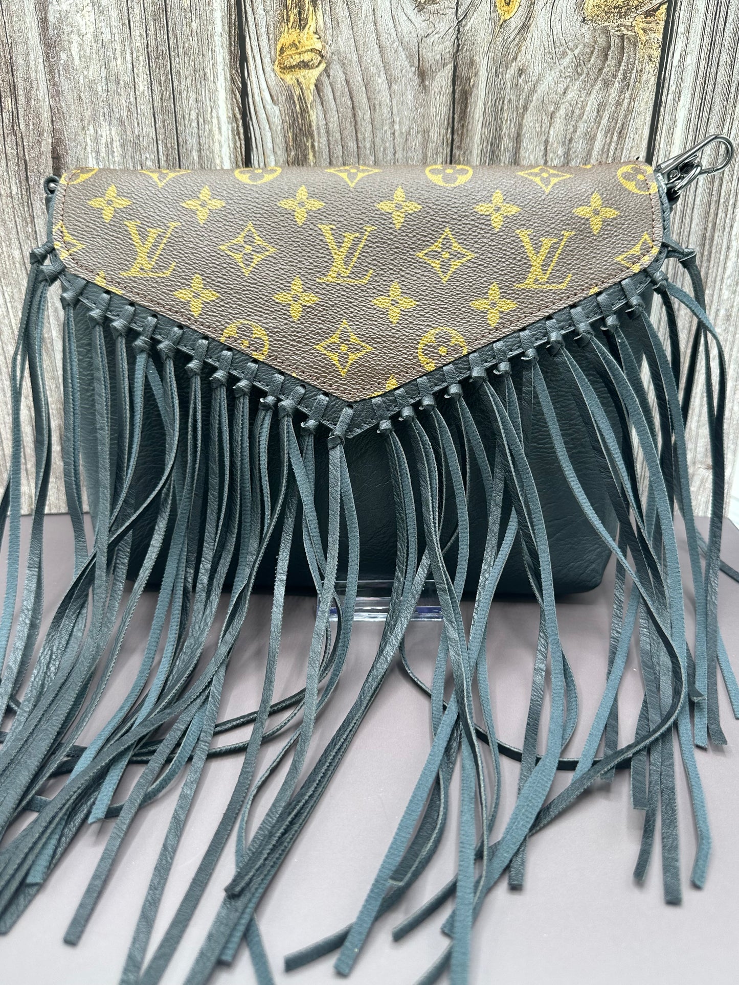 Upcyled small fringe LV crossbody