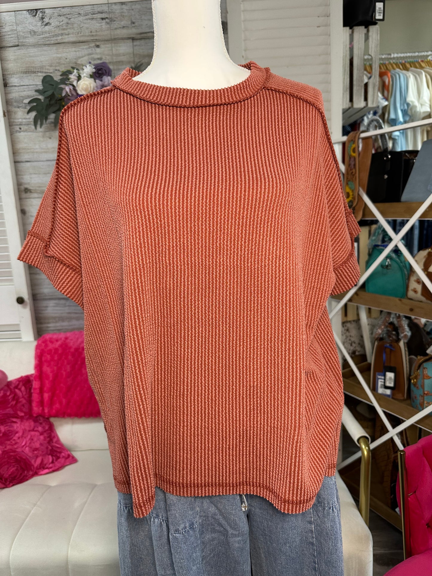 Curvy Raised Rib cuff sleeve edge top Zenana