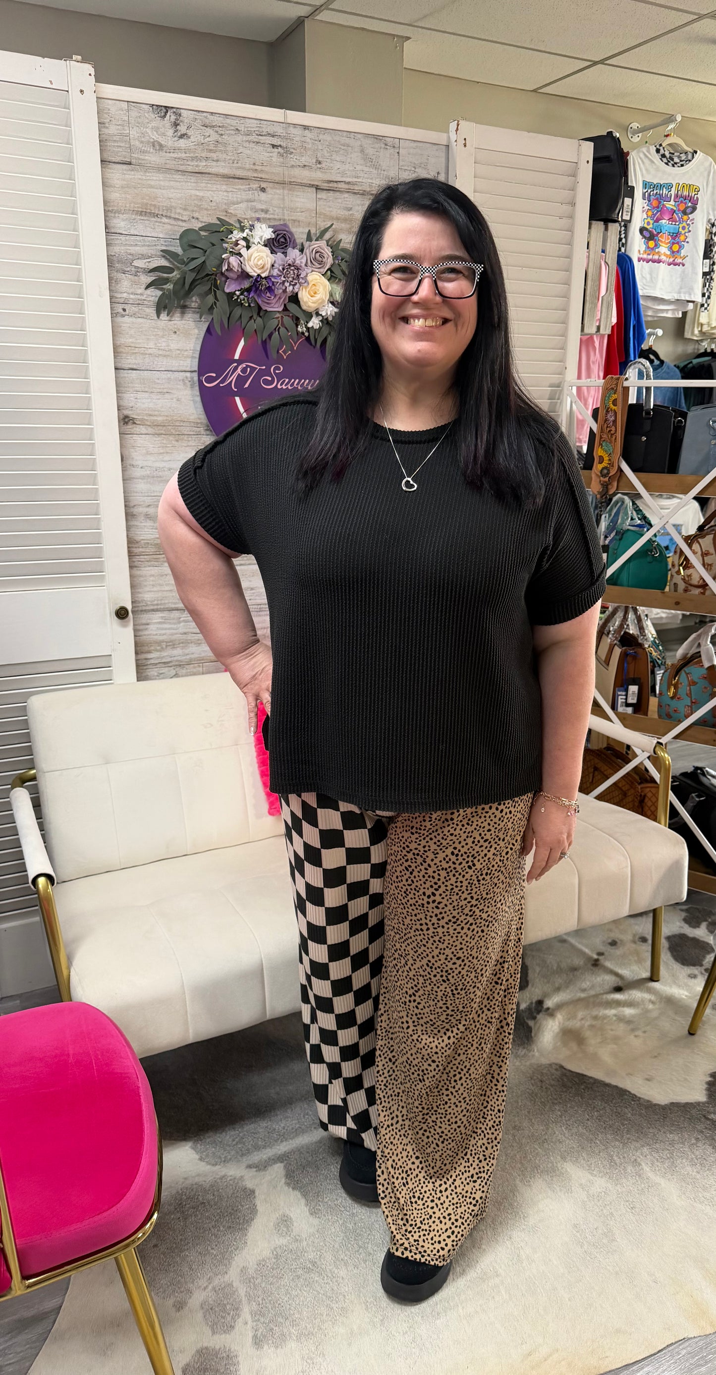 Split decision leopard and checkered pants