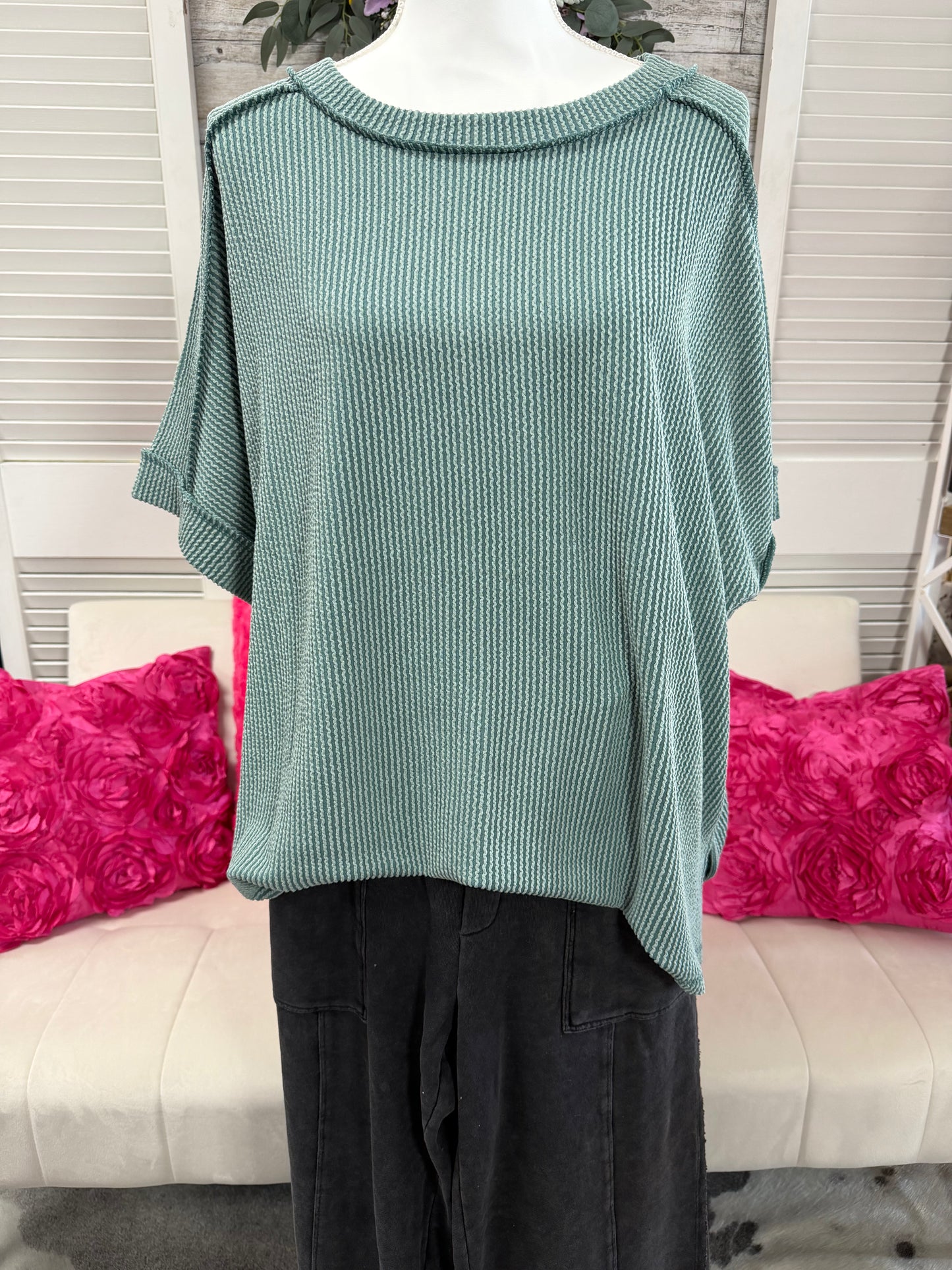 Curvy Raised Rib cuff sleeve edge top Zenana