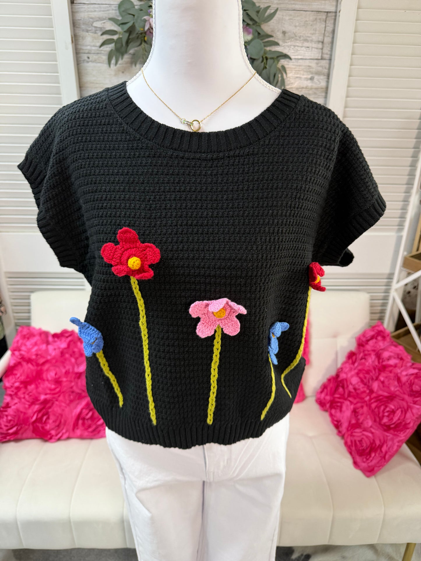 3D Floral crochet short sleeve sweater top