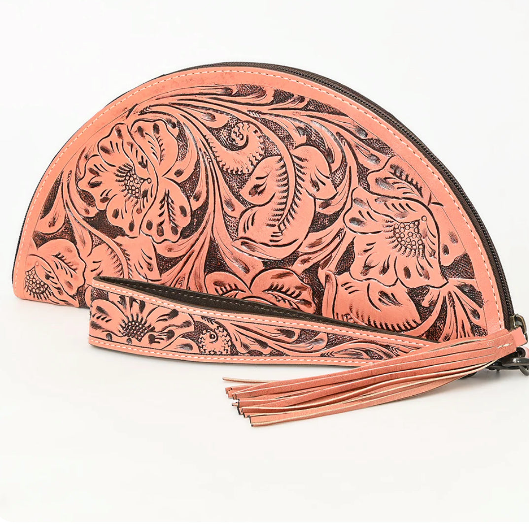 American Darling Hand tooled leather clutch semi circle