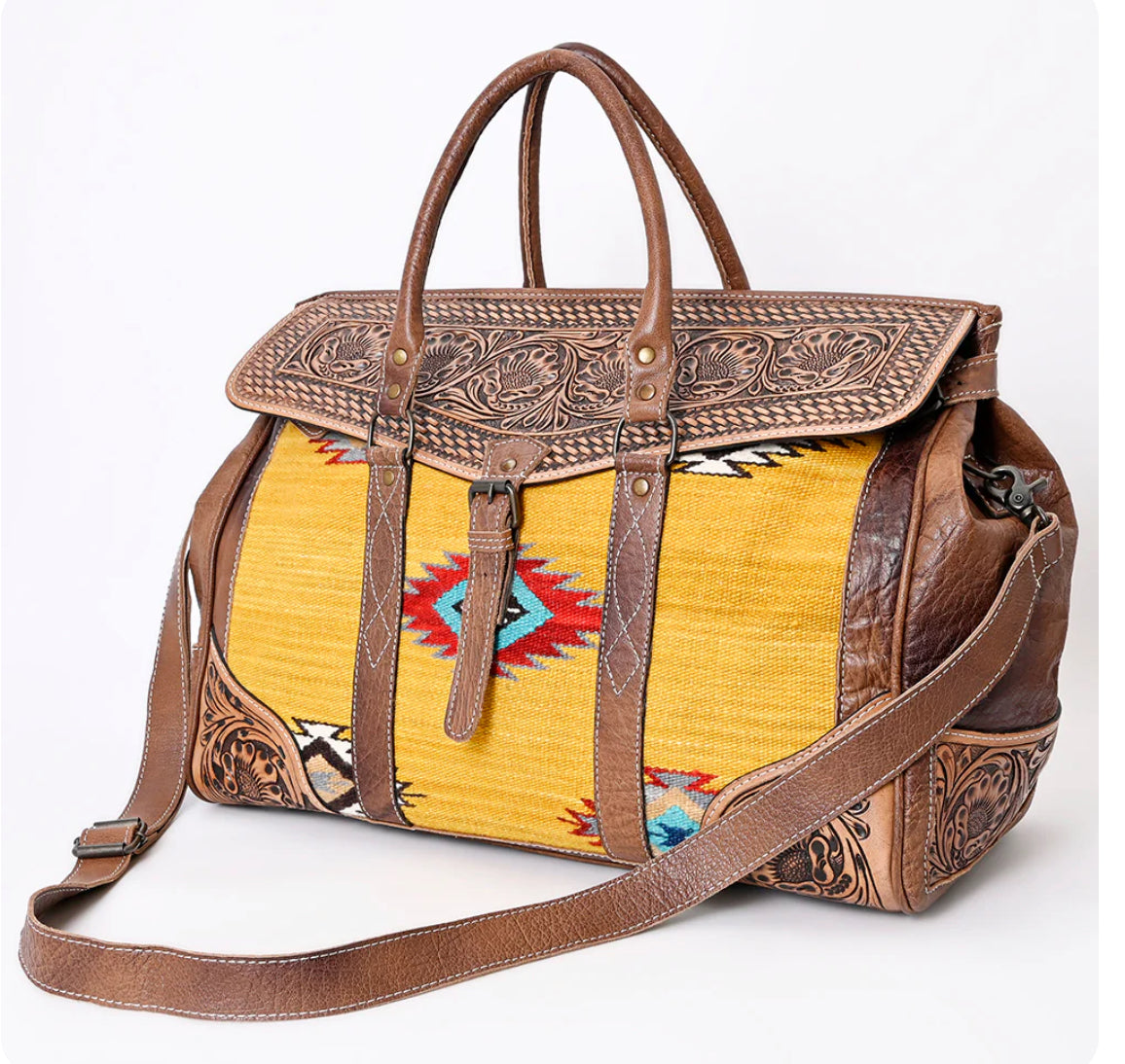American Darling tooled leather and saddle blanket duffel