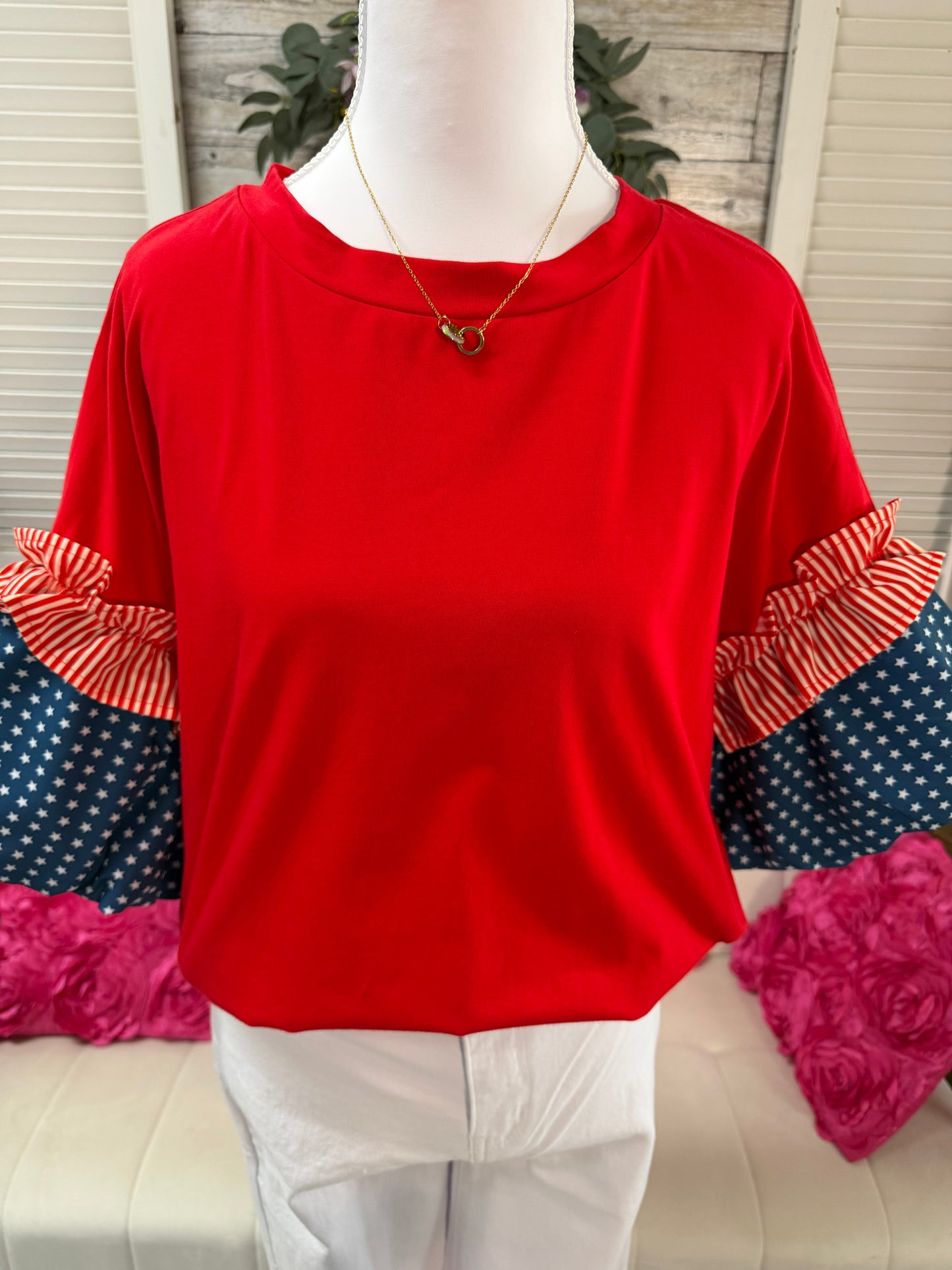 Red Curvy Striped and Star Puff sleeve