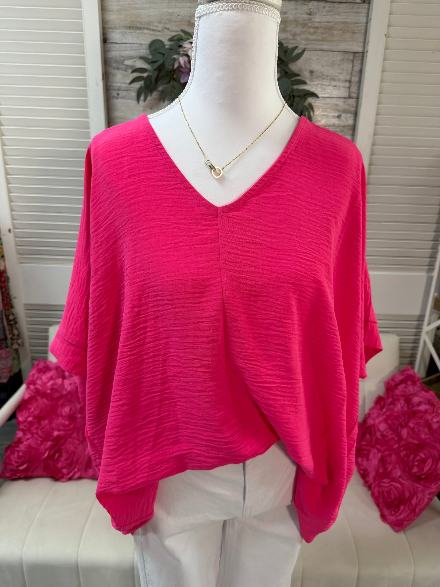 WOVEN AIRFLOW V-NECK DOLMAN SHORT SLEEVE TOP OVERSIZED