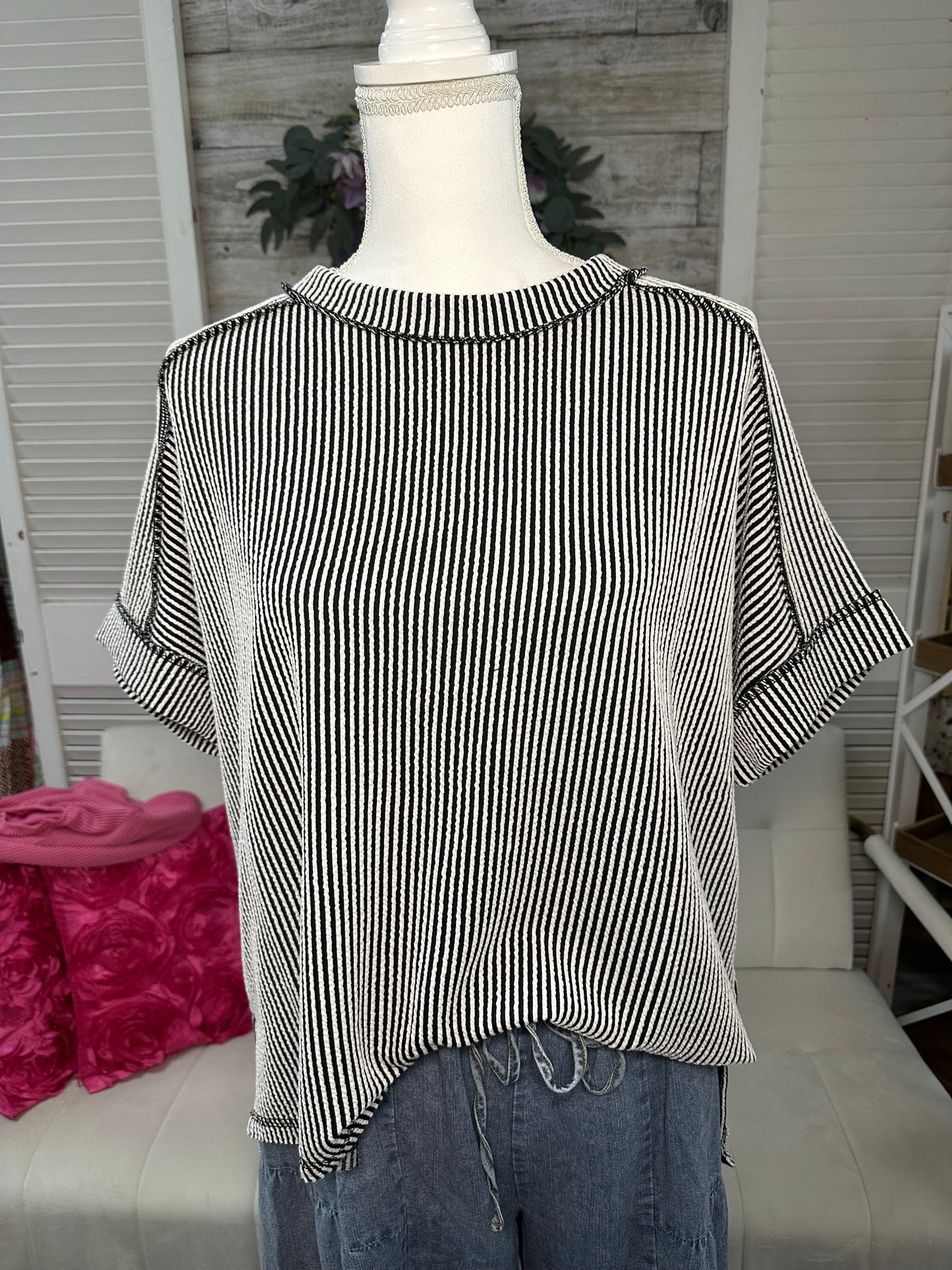 Curvy Raised Rib cuff sleeve edge top Zenana