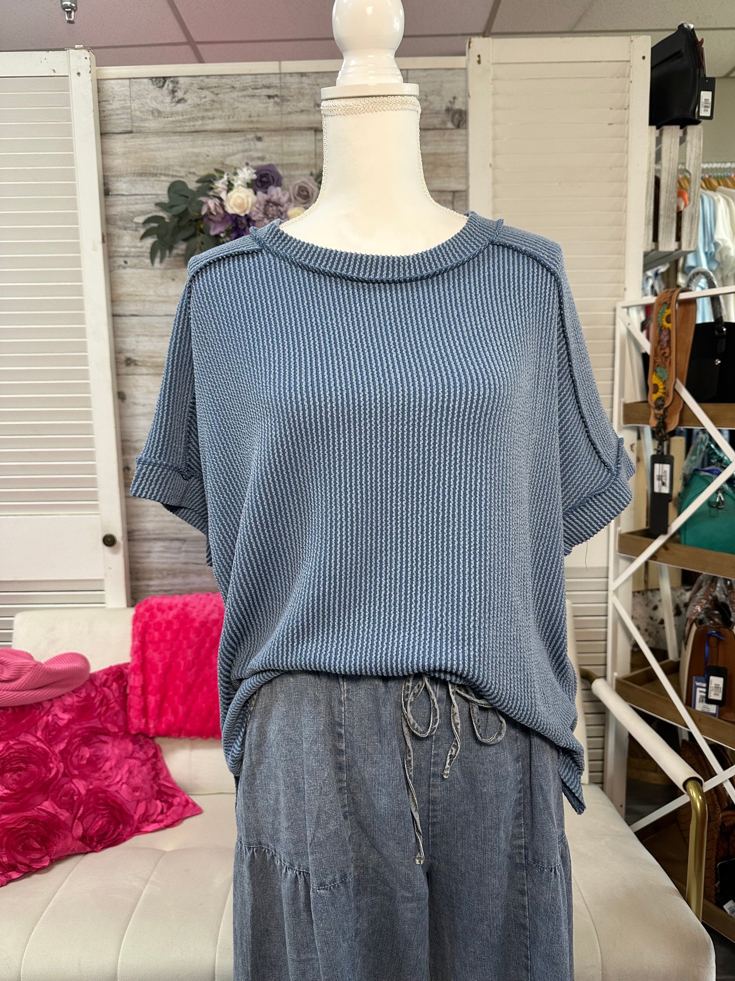 Curvy Raised Rib cuff sleeve edge top Zenana
