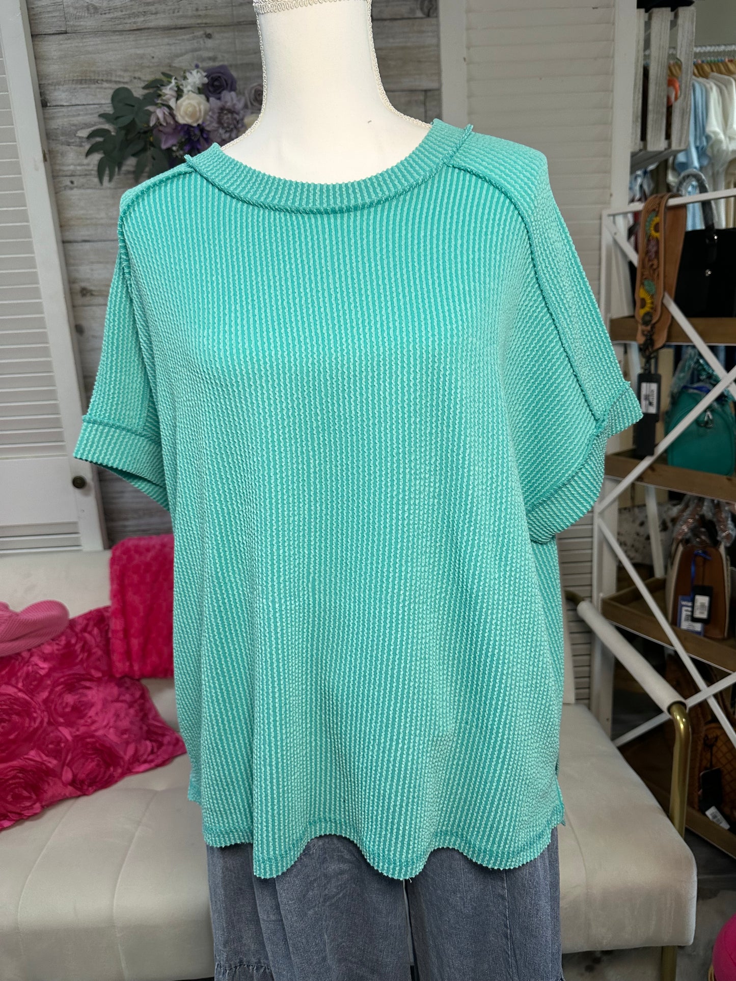 Curvy Raised Rib cuff sleeve edge top Zenana