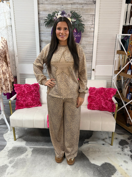 Leopard Star Print Long Sleeve Casual 2 pc pant set