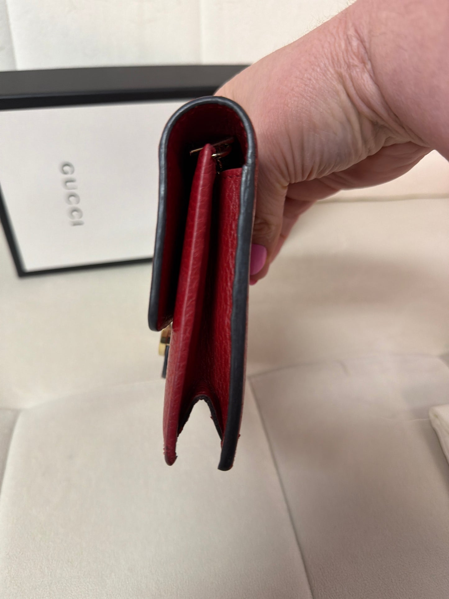 Pre loved Gucci Red Calfskin Interlocking wallet on chain full inclusion