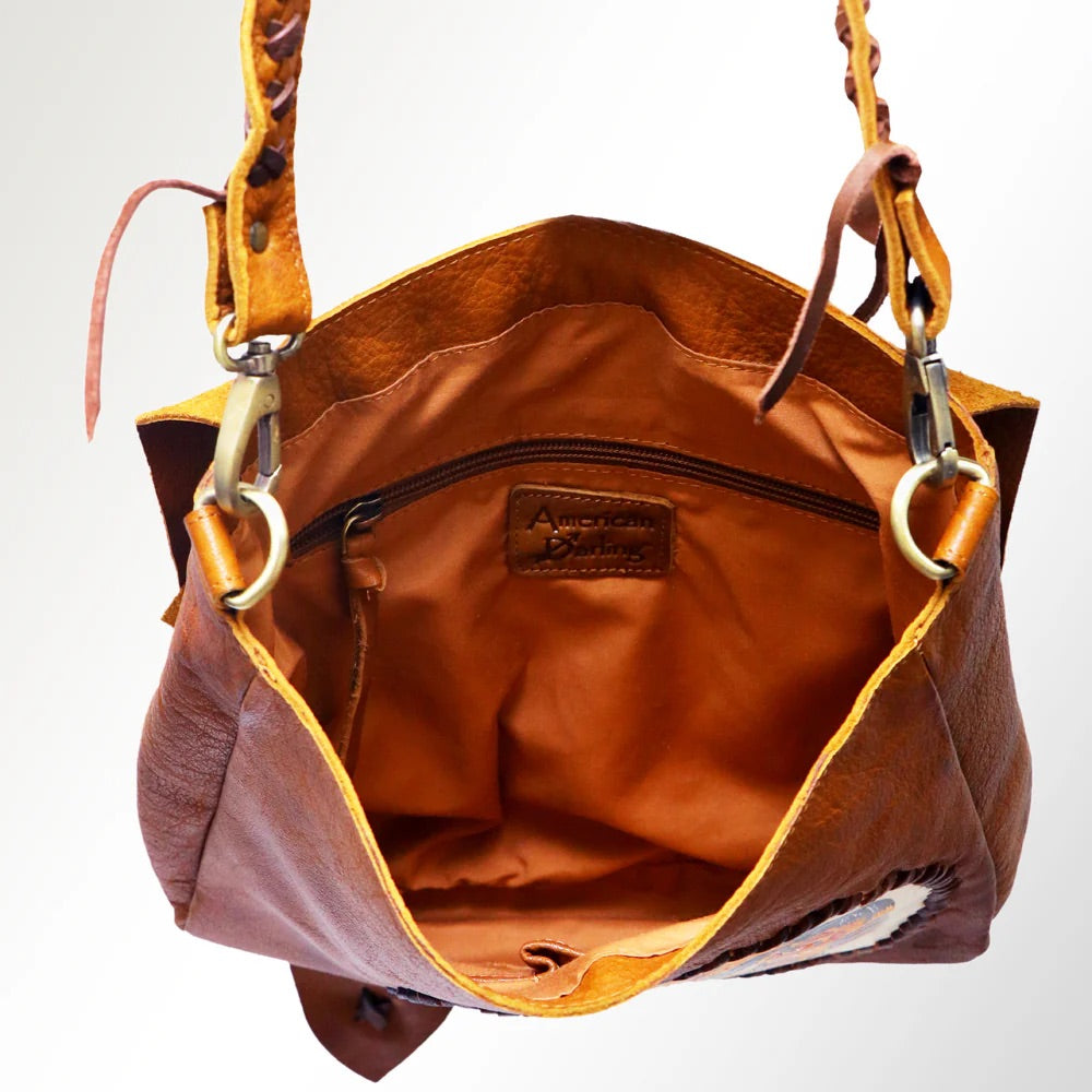 Hand painted leather messenger bag w horse art raw edge