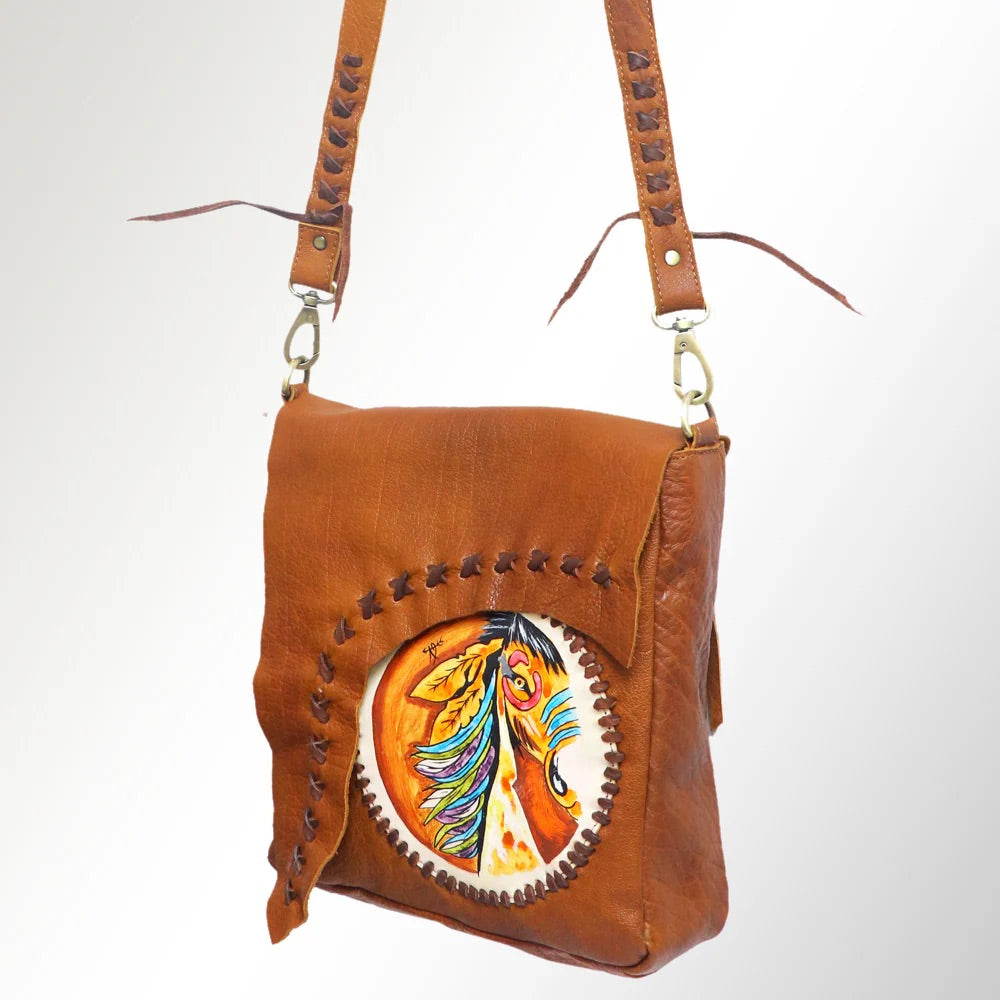 Hand painted leather messenger bag w horse art raw edge