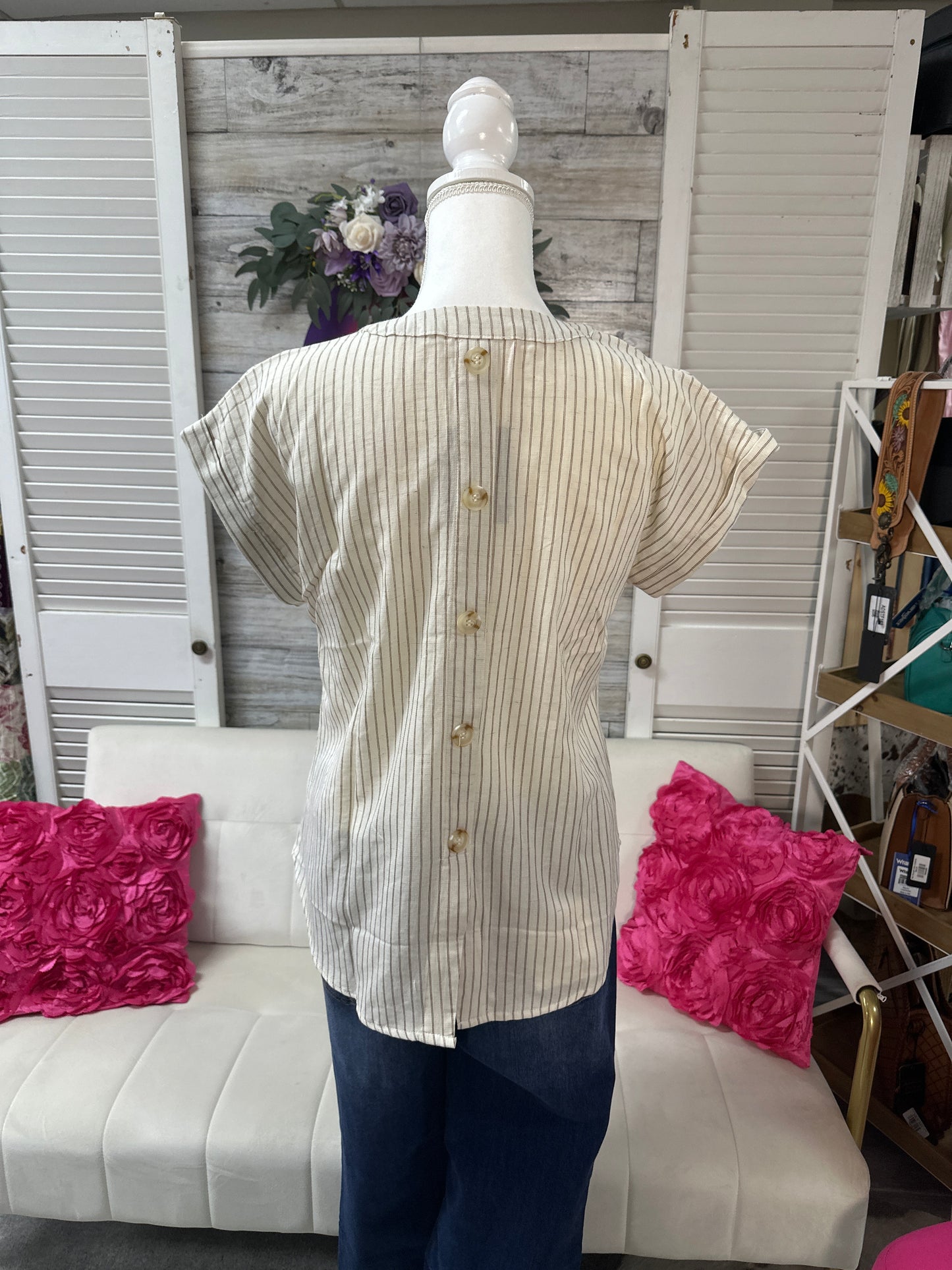 V Neck stripe short cuffed sleeve top