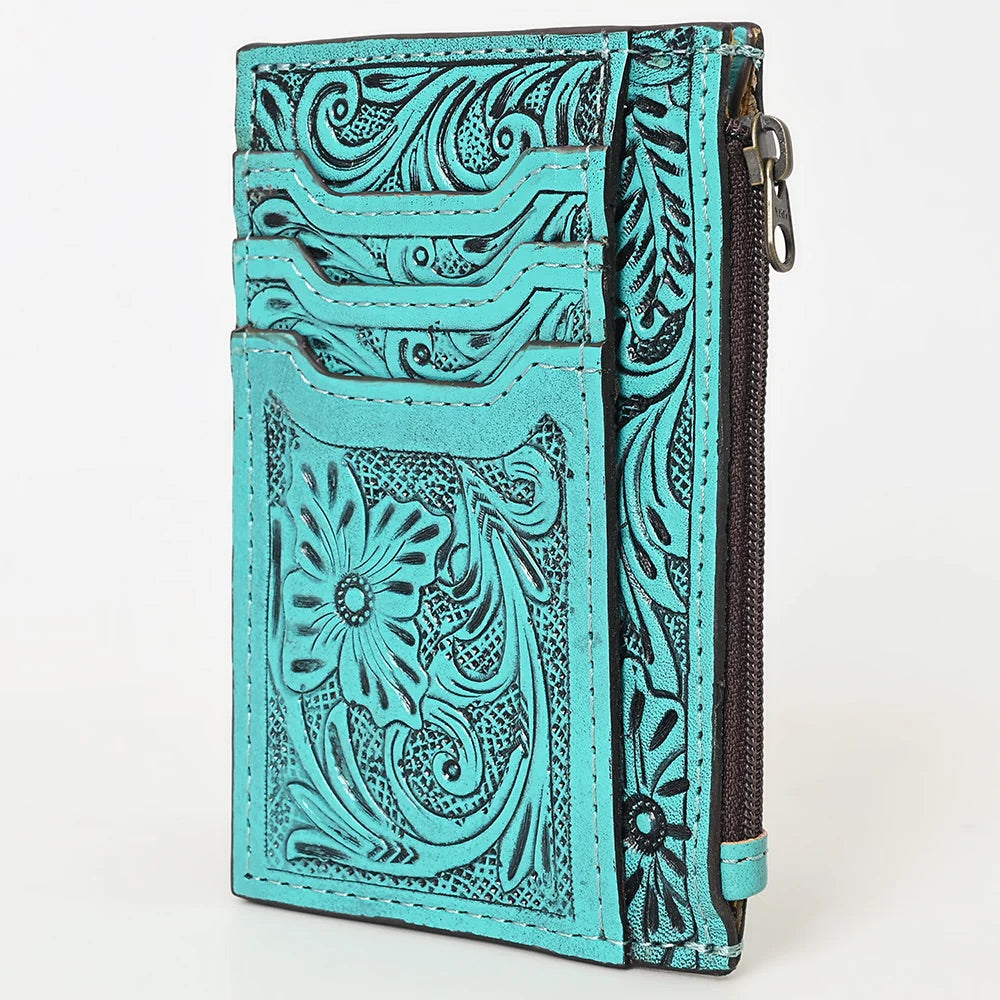 Tooled leather card holder zipper wallet