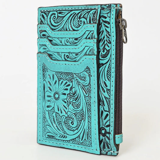 Tooled leather card holder zipper wallet