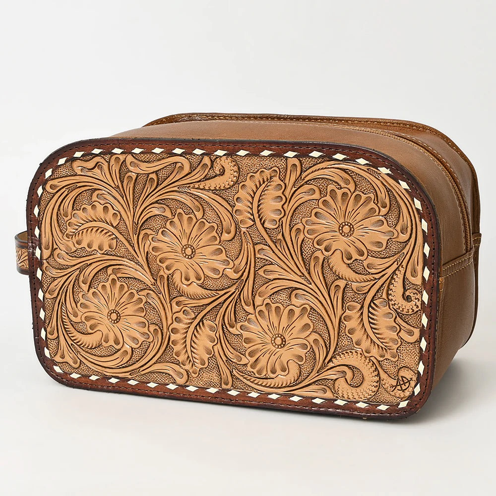 Tooled leather zipper pouch