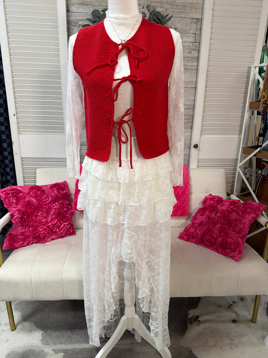 white sheer lace ruffle high low skirt