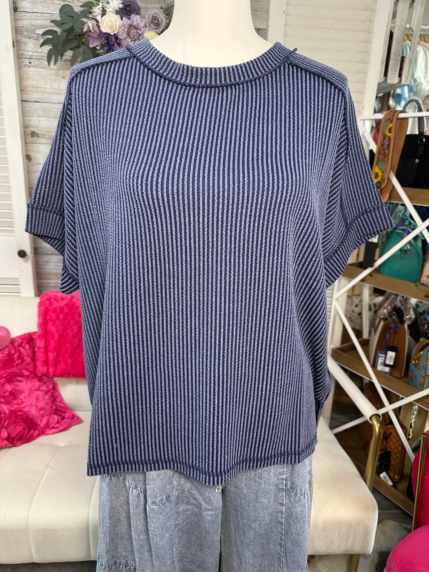 Curvy Raised Rib cuff sleeve edge top Zenana