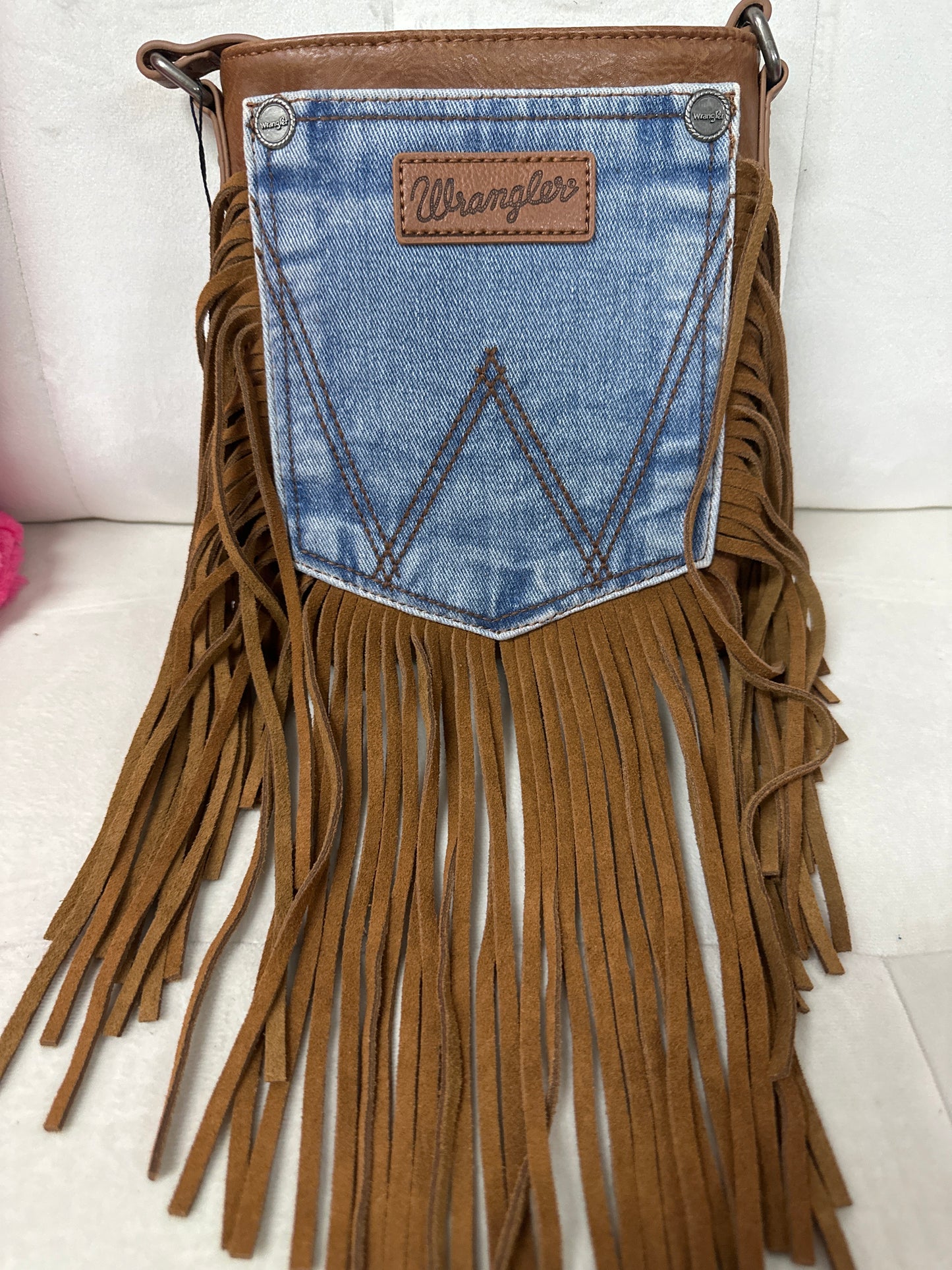Wrangler Leather Fringe Jean Denim Pocket Crossbody