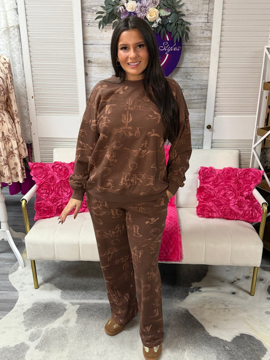 Western print knit pants