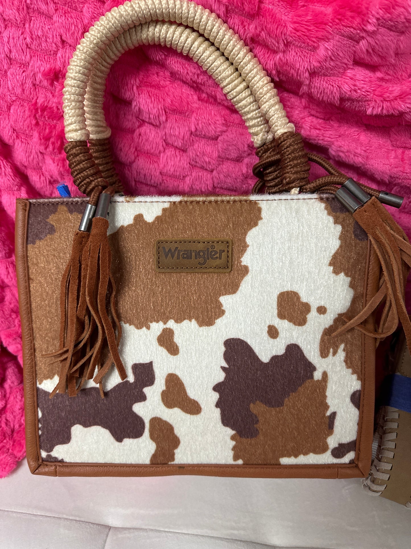 wrangler cow print crossbody rope handle
