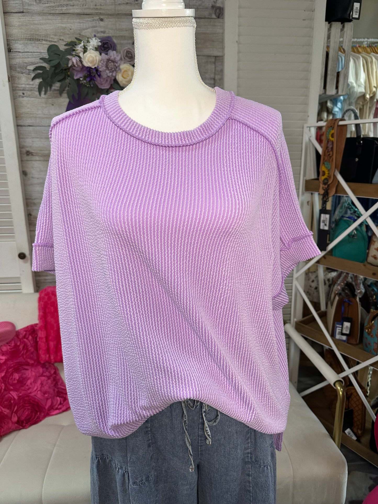 Curvy Raised Rib cuff sleeve edge top Zenana