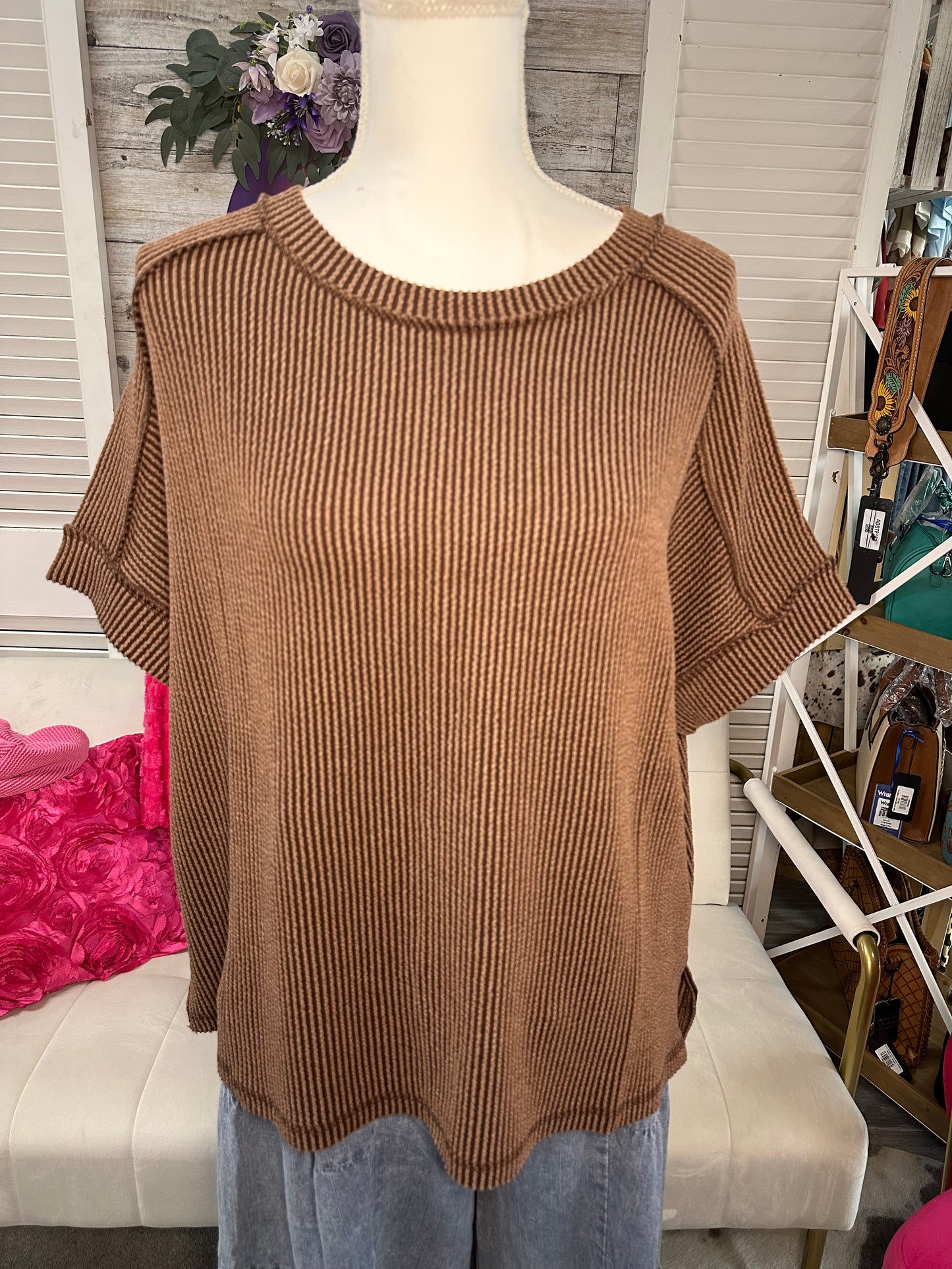 Curvy Raised Rib cuff sleeve edge top Zenana