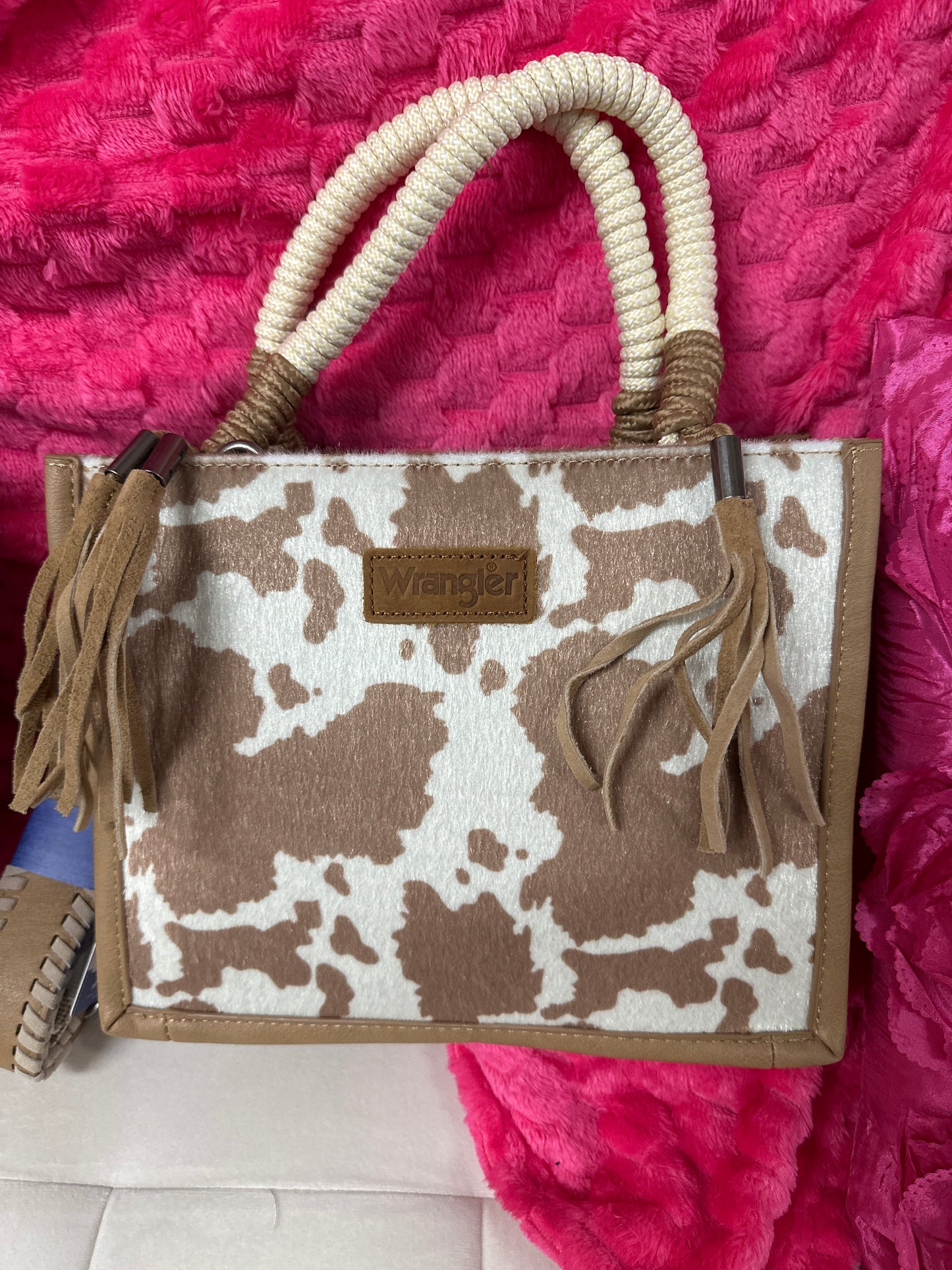 wrangler cow print crossbody rope handle