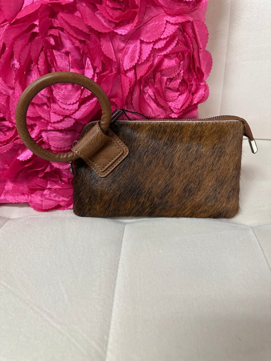 Genuine Hair-On Cowhide Ring Handle Wristlet Clutch Bag
