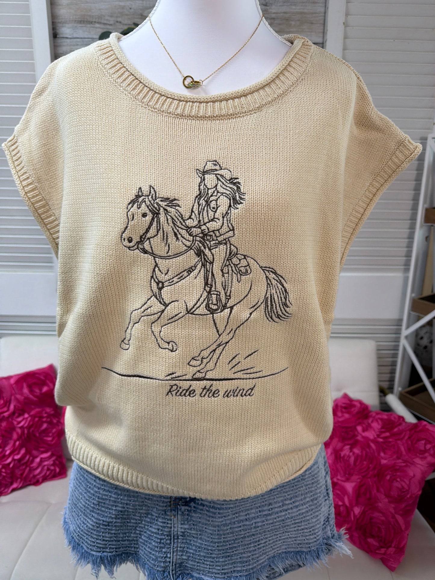 Western embroidery short sleeve sweater