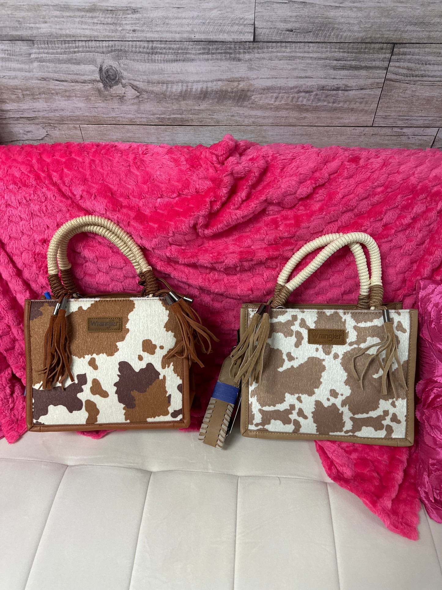 wrangler cow print crossbody rope handle