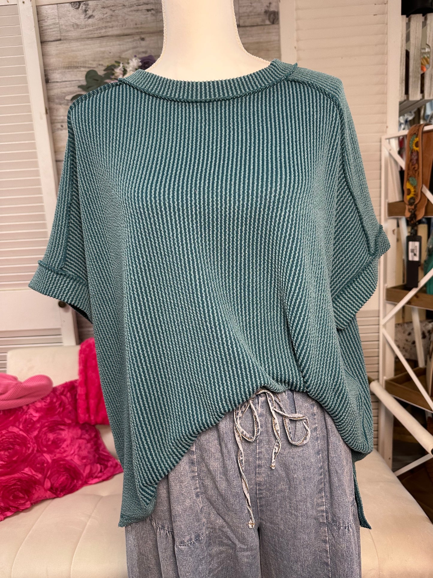 Curvy Raised Rib cuff sleeve edge top Zenana