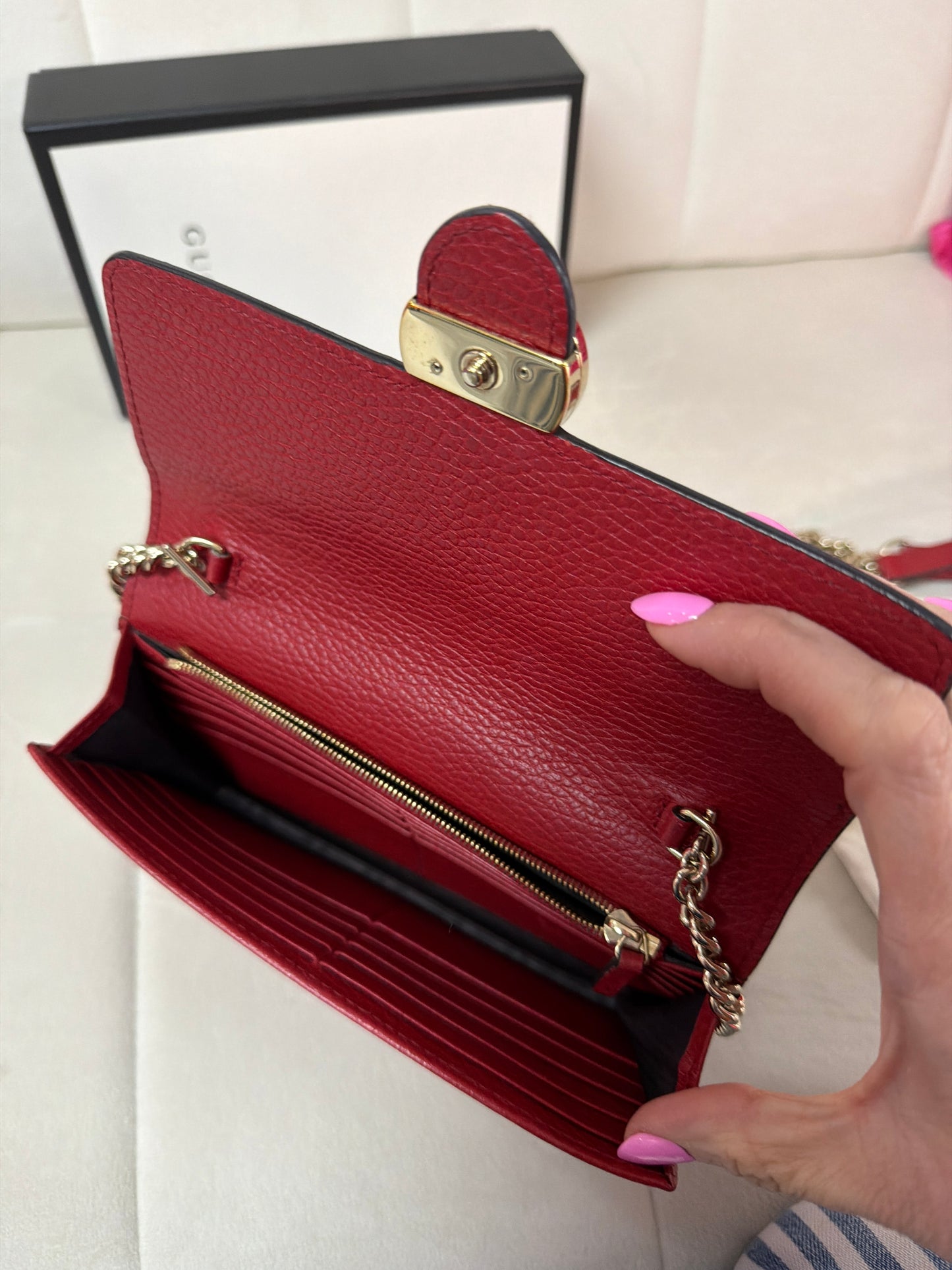 Pre loved Gucci Red Calfskin Interlocking wallet on chain full inclusion