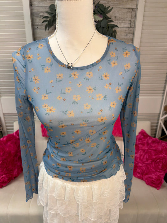 blue vintage floral print mesh