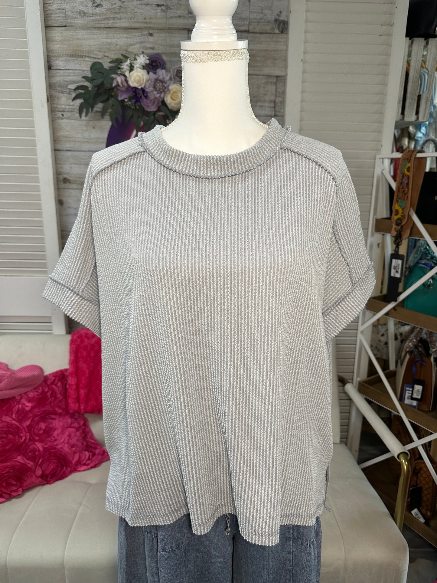 Curvy Raised Rib cuff sleeve edge top Zenana