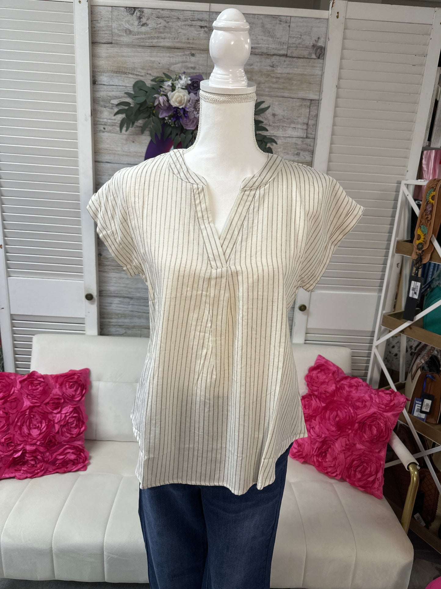 V Neck stripe short cuffed sleeve top
