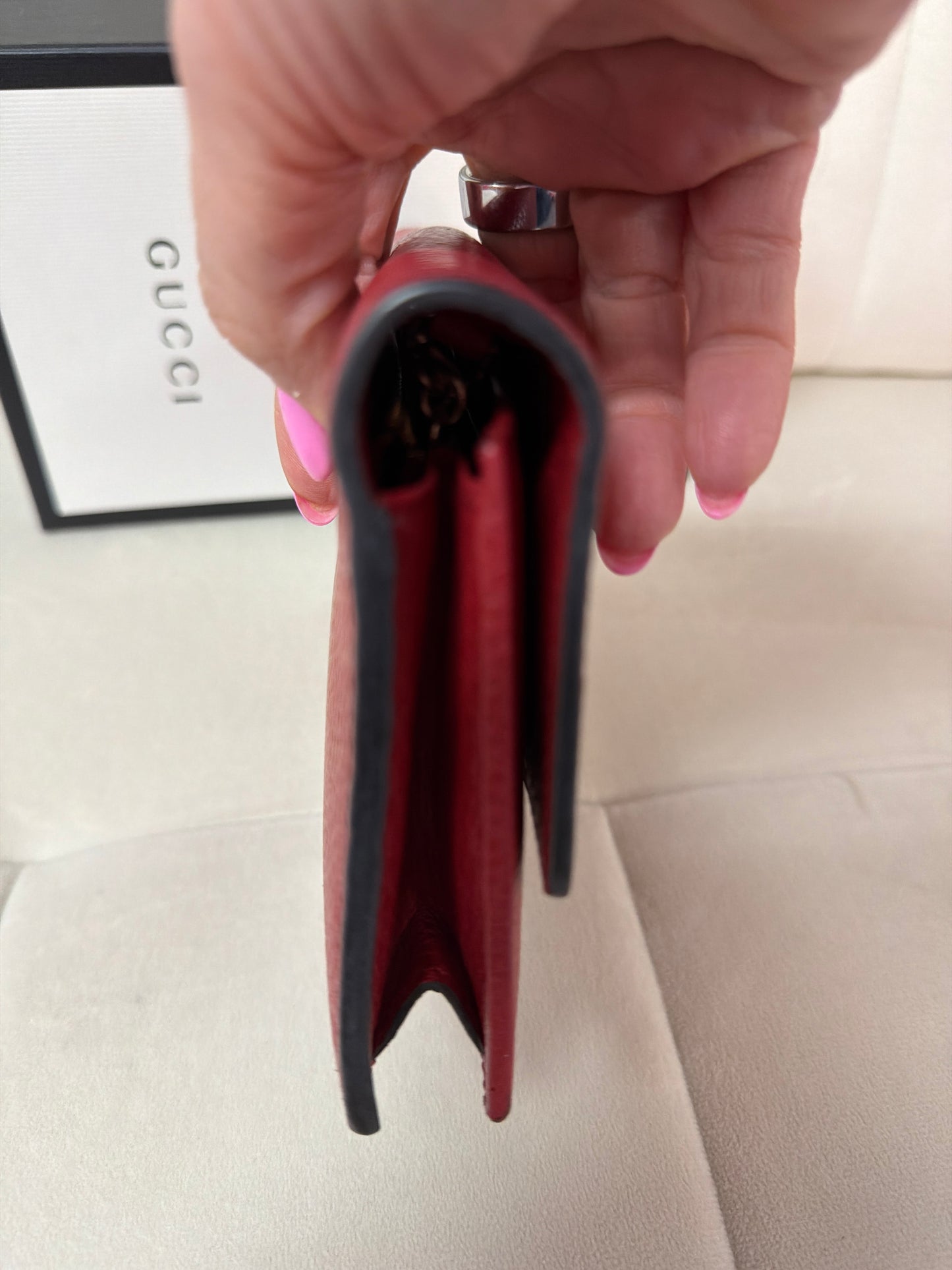 Pre loved Gucci Red Calfskin Interlocking wallet on chain full inclusion