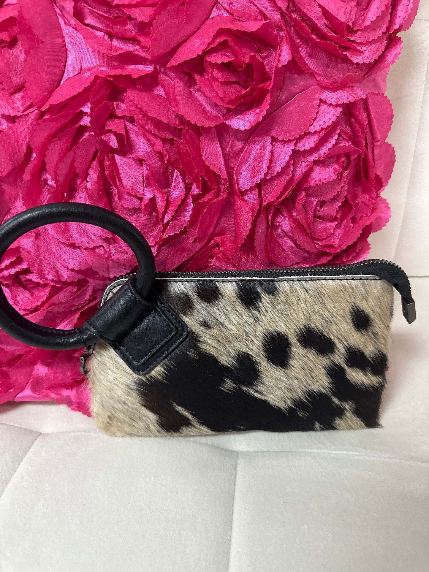 Genuine Hair-On Cowhide Ring Handle Wristlet Clutch Bag