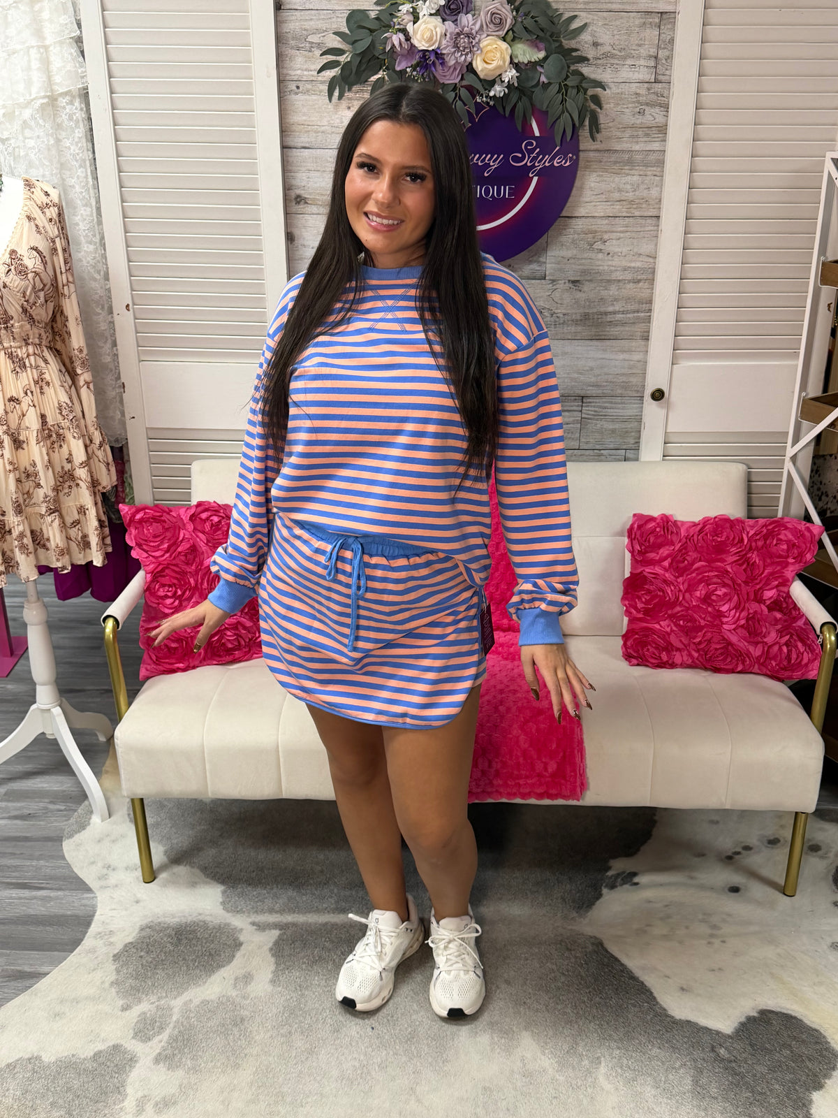 Blue Stripe Long Sleeve Pullover Skort set 2pc