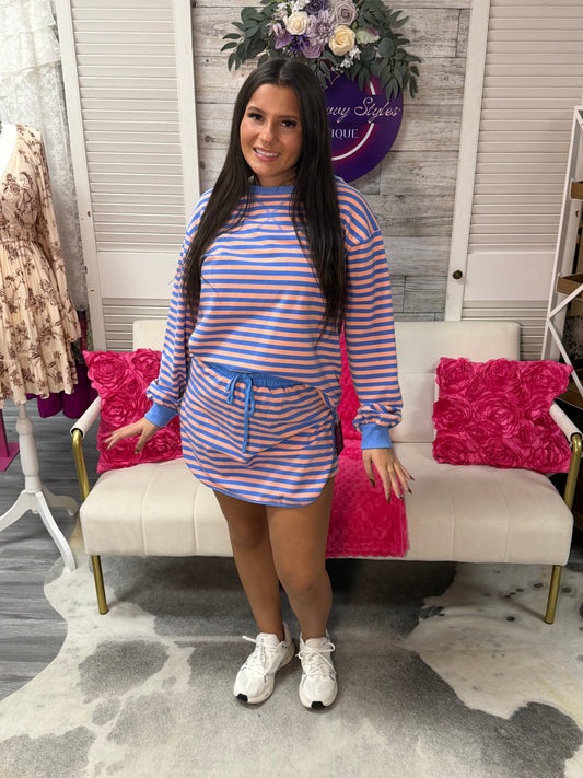 Blue Stripe Long Sleeve Pullover Skort set 2pc