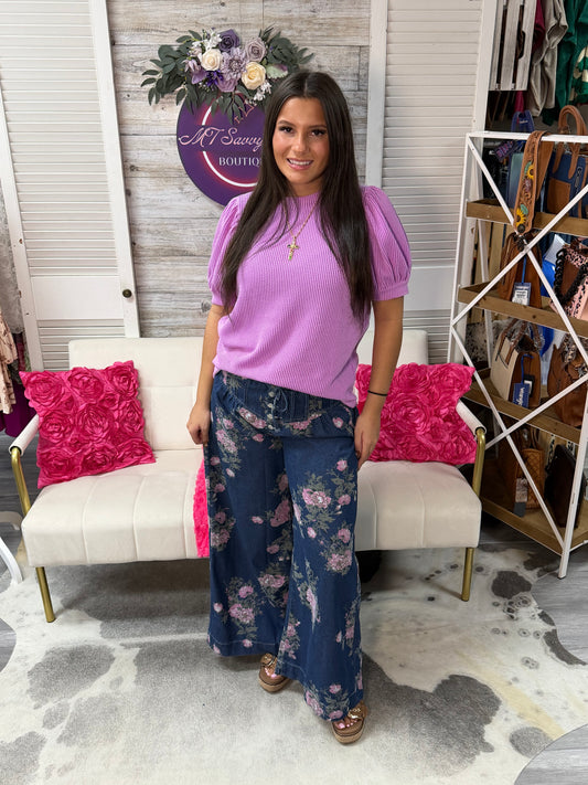 Retro Floral Tie Elastic Waist Pin tuck Wide Leg pant