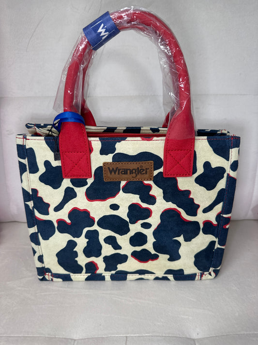 Wrangler cowprint tote w red concealed carry w/crossbody