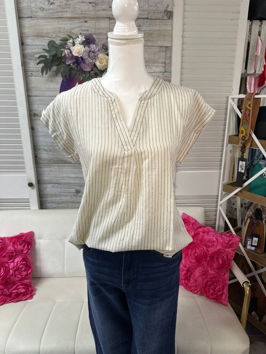 V Neck stripe short cuffed sleeve top