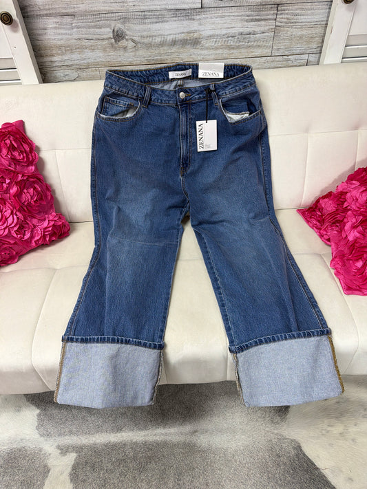 High waist cuff wide leg denim Zenana