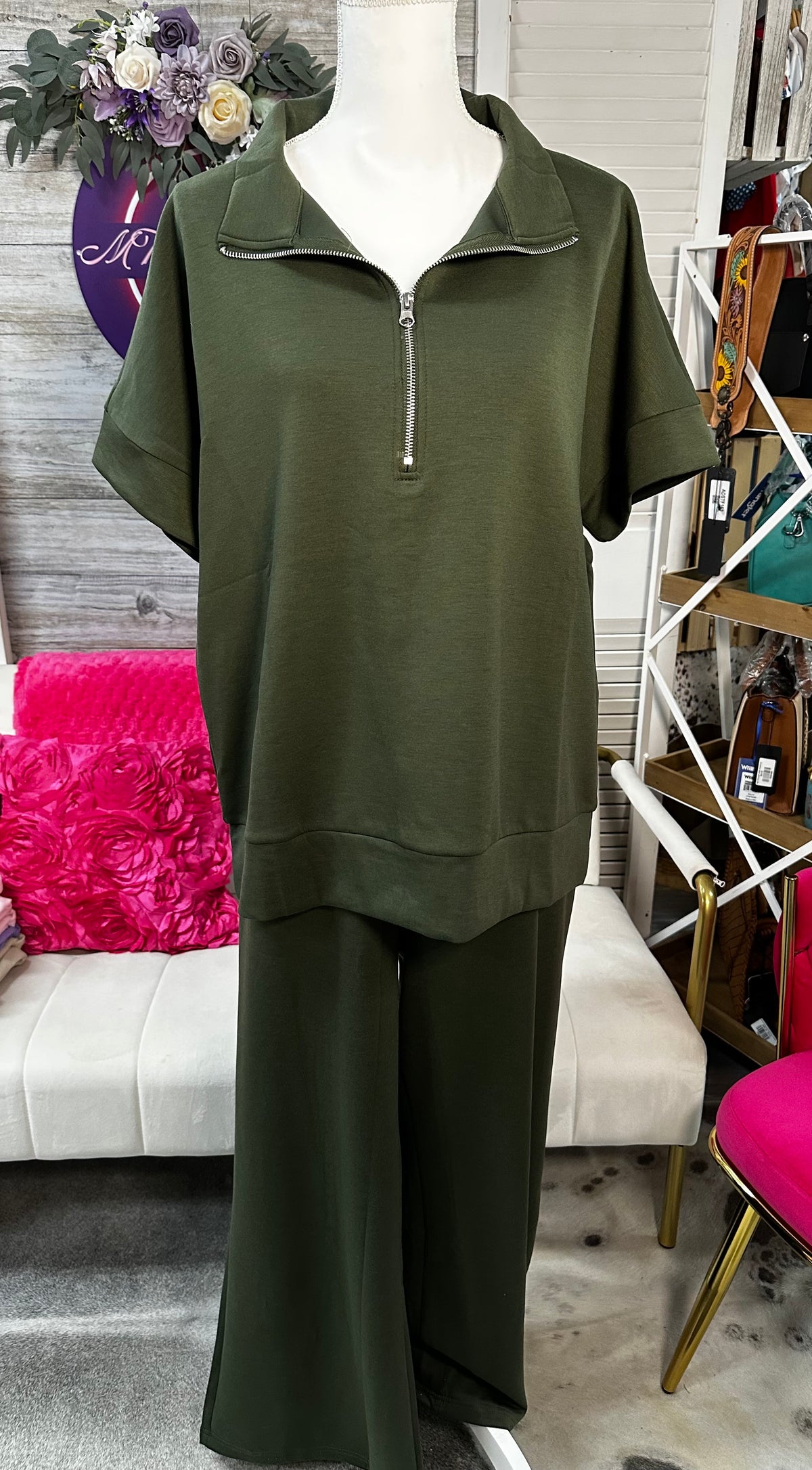 Scuba high neck half zip top and pant set
