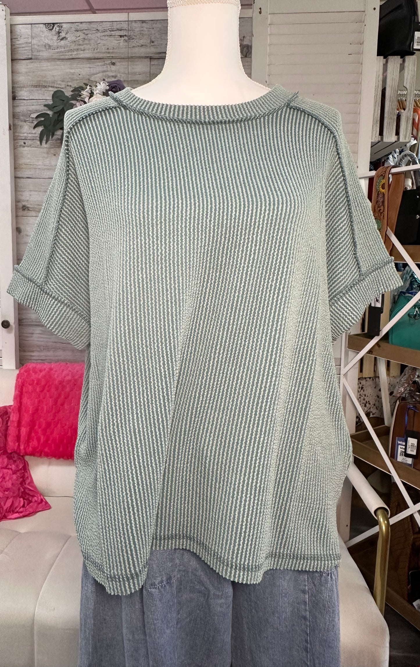 Curvy Raised Rib cuff sleeve edge top Zenana